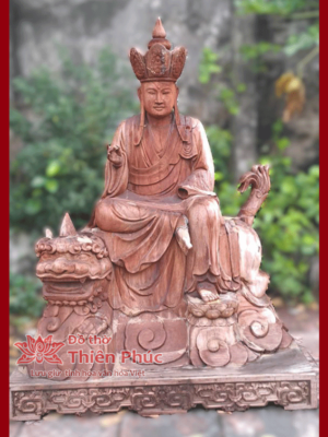 Tượng Địa Tạng Vương Bồ Tát Cưỡi Đế Thính Thú Gỗ Mít